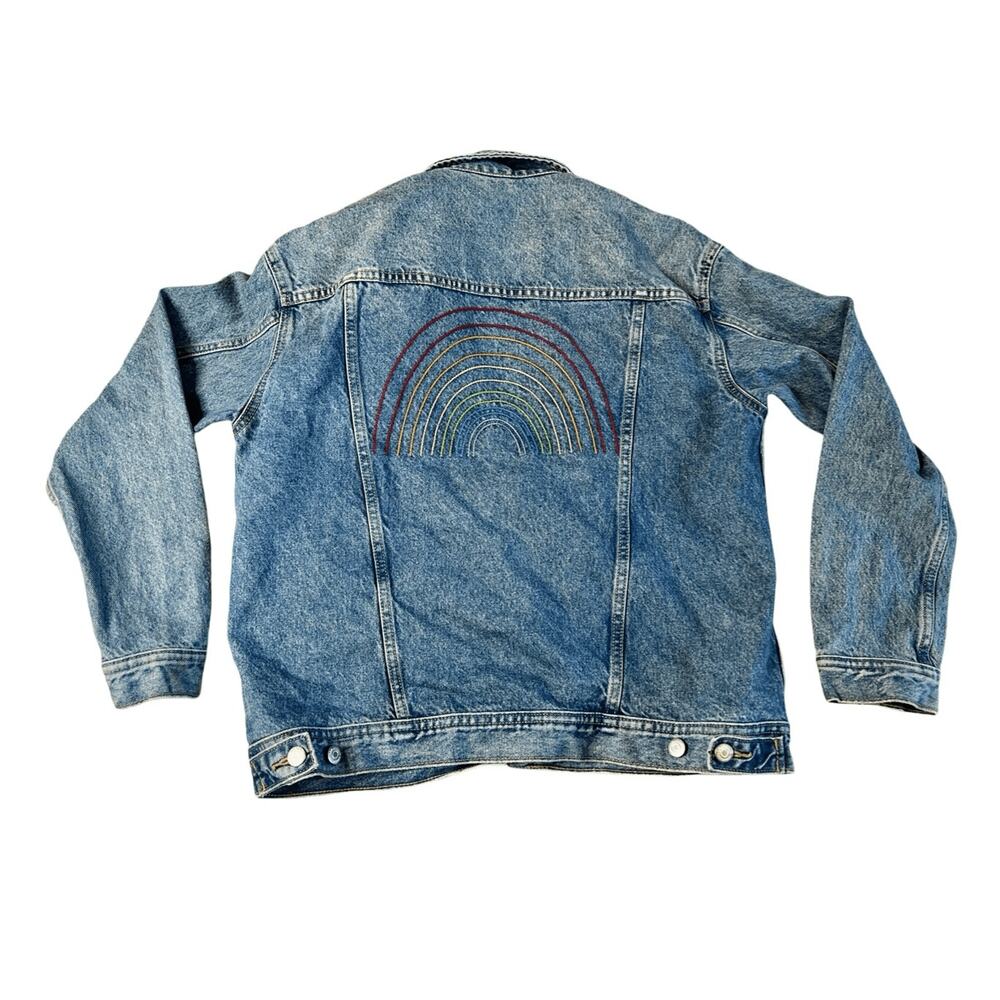 Old Navy Boyfriend Trucker Rainbow Denim Jean Jacket Blue sz MEDIUM - Picture 2 of 10
